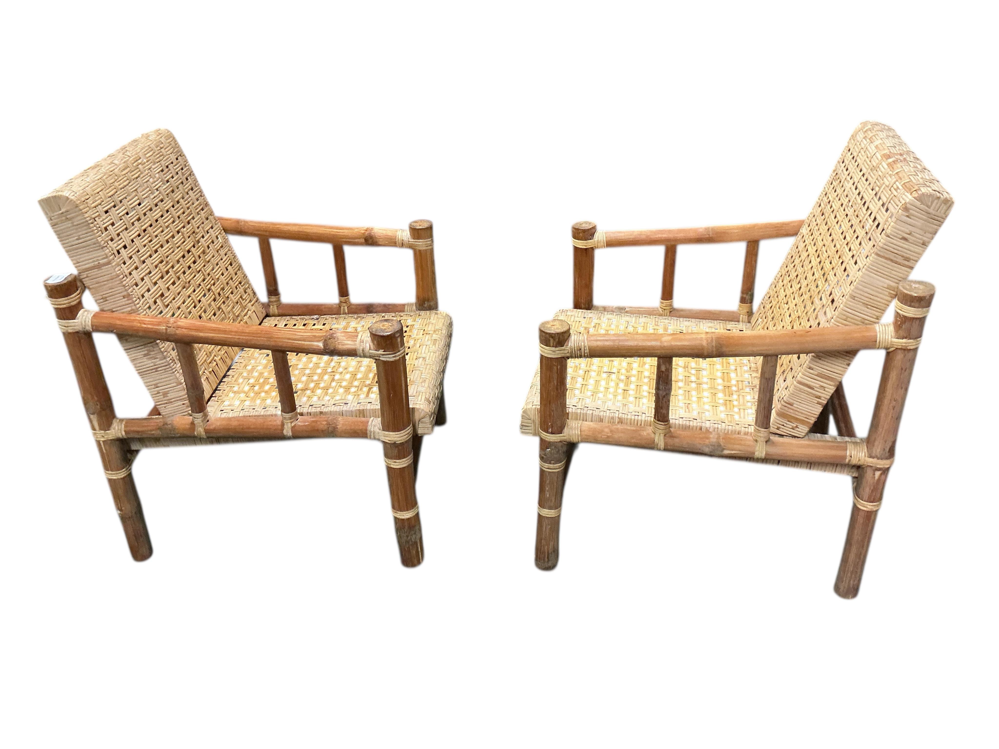 A set of four mid century caned bamboo lounge chairs, width 60cm, depth 60cm, height 80cm